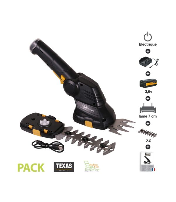 Pack cisaille à gazon 70mm et taille arbuste 120mm batterie lithium USB Texas HTG360LI